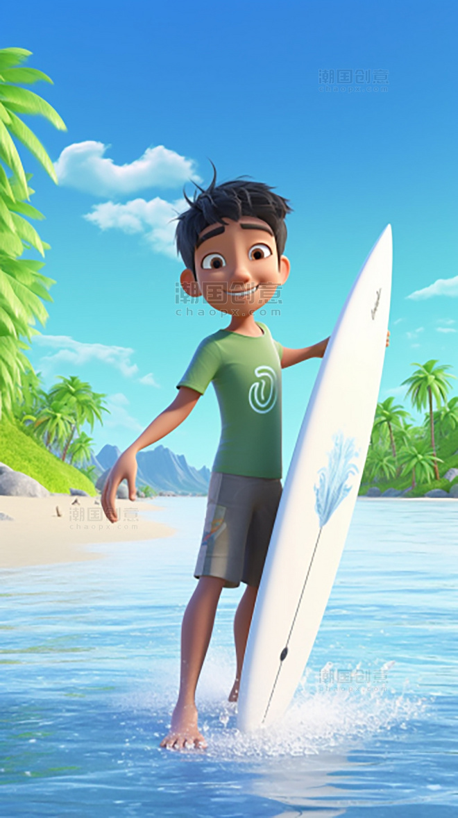 男孩冲浪3D海报阳光明媚的夏天海水蓝天海滩椰子树C4D