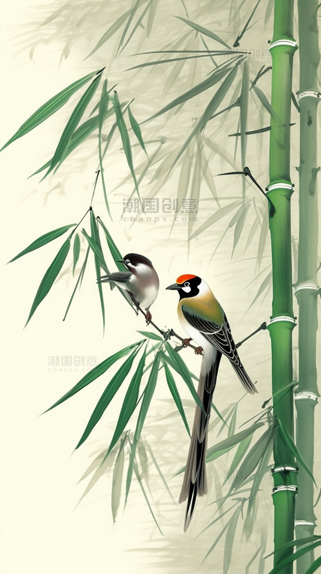 国风插画竹子和鸟中国水墨画传统绘画风格中国风中国水墨风格