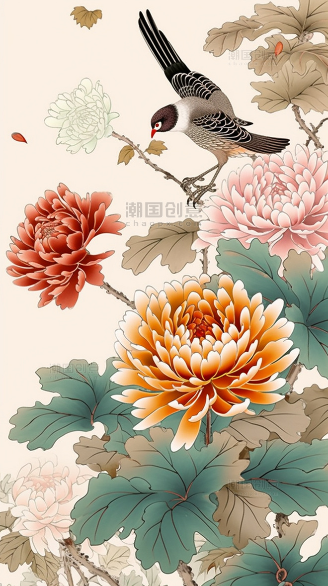 菊花和鸟中国水墨画传统绘画风格国风插画中国风