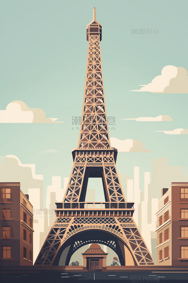 扁平地标建筑矢量插画国外建筑法国巴黎铁塔