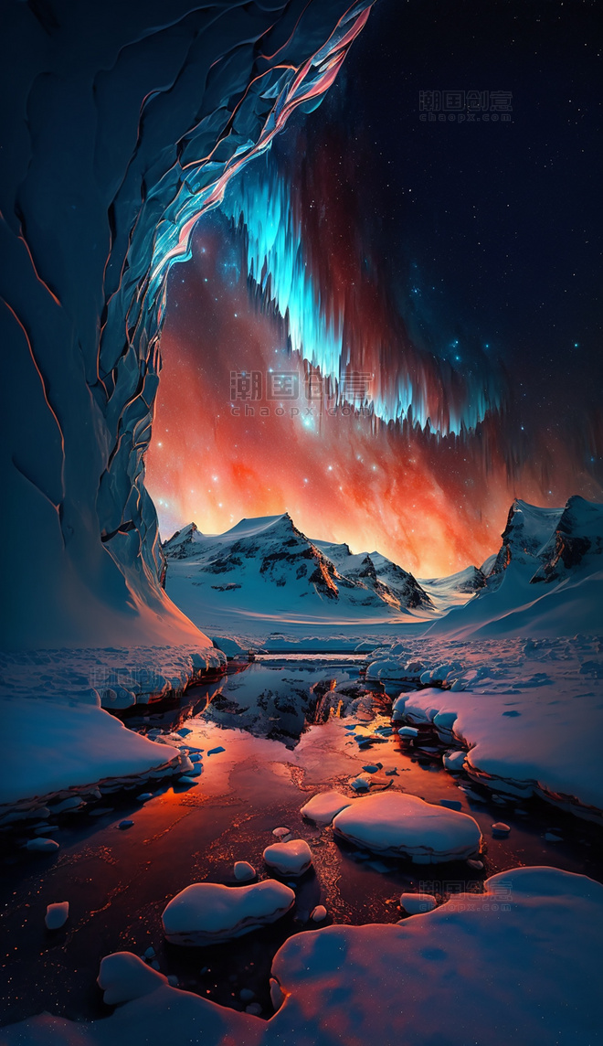 北极极光夜景图数字艺术AI绘画