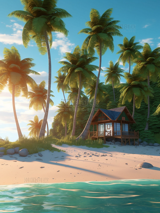 海滩背景干净明亮的背景椰树贝壳海星大海和船3D效果超级细节