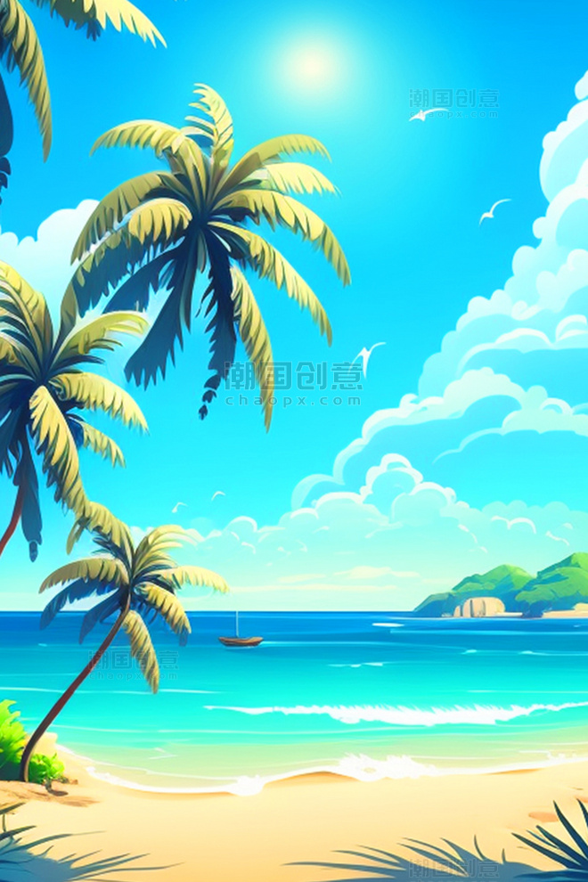 AI绘图夏日度假海滨椰树风情