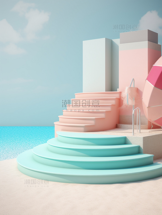 创意夏日泳池3D电商展台背景