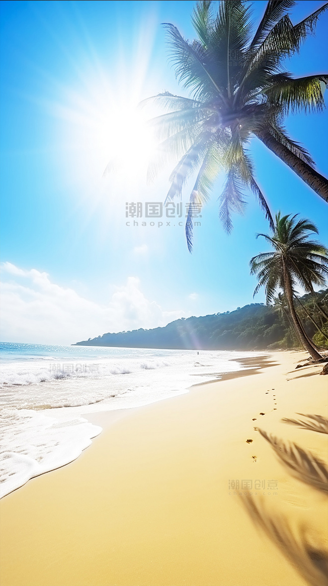 海边沙滩阳光椰子树夏日场景摄影