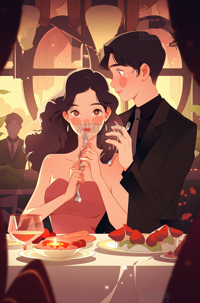 520情人节情侣约会浪漫晚餐插画