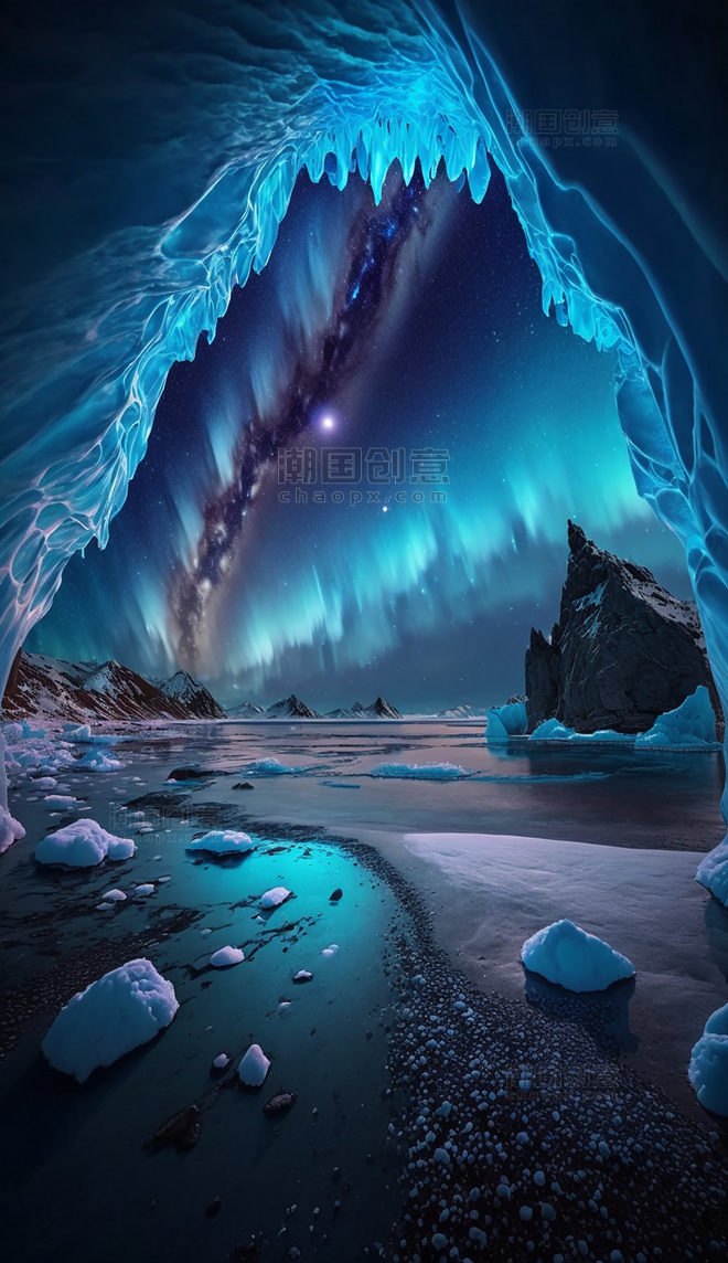 蓝色北极极光夜景图数字艺术数字插画