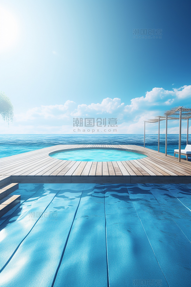 蓝天白云夏天夏季蓝色泳池水池展台AI绘画