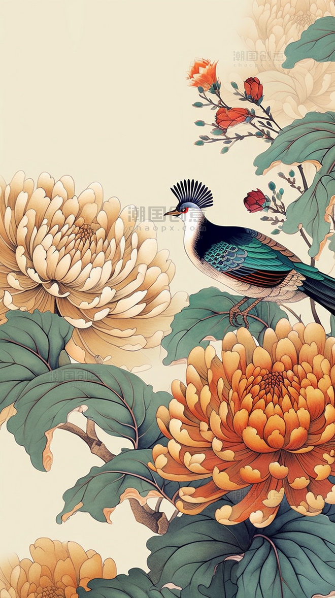 国风插画菊花和鸟中国水墨画传统绘画风格中国风中国水墨风格超细节