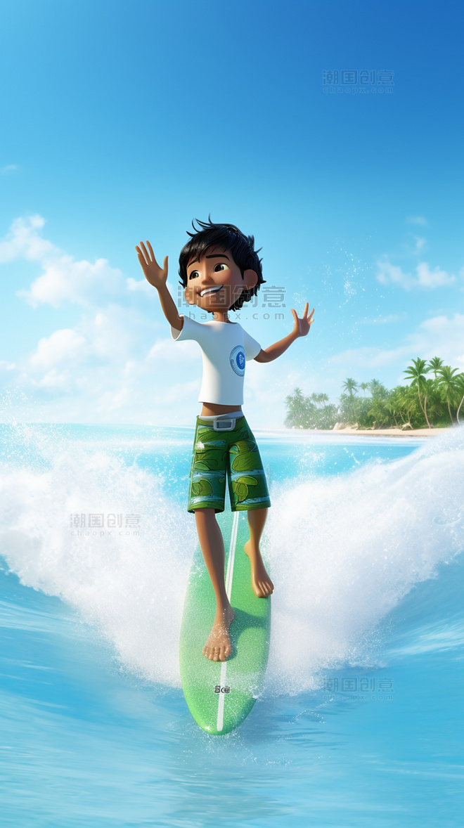 水上项目冲浪3D海报阳光明媚的夏天男孩冲浪海水蓝天海滩椰子树C4D