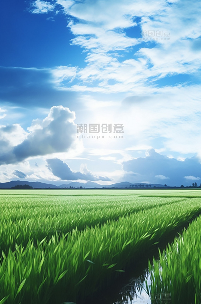 夏天白云一片茂盛生长的稻田插画