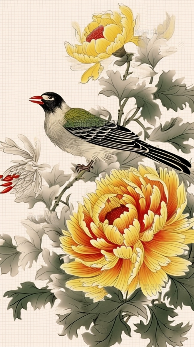 超细节国风插画菊花和鸟中国水墨画传统绘画风格中国风中国水墨风格
