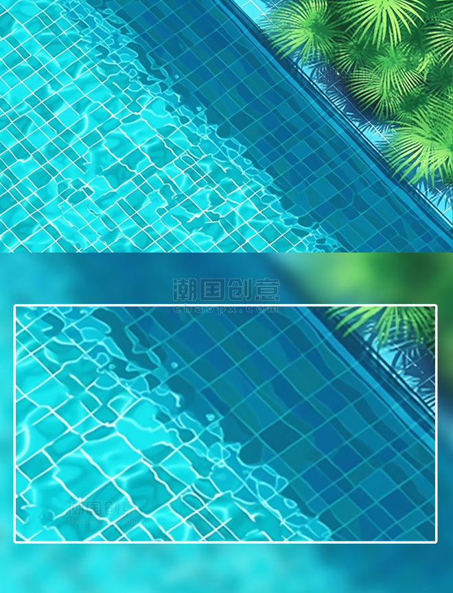 夏天泳池水面绿植场景插画