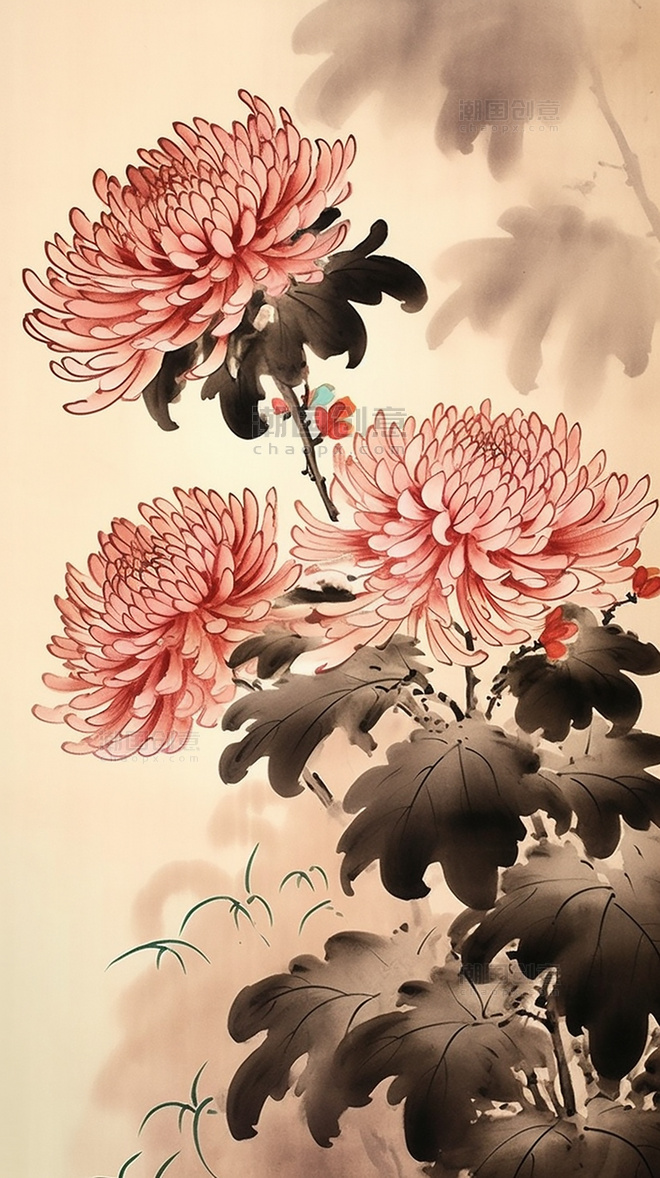 国风插画菊花中国水墨风格超细节中国水墨画传统绘画风格