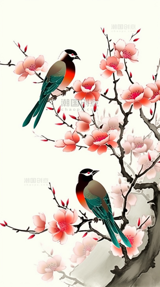 中国风中国水墨风格超细节中国水墨画传统绘画风格国风插画梅花鸟