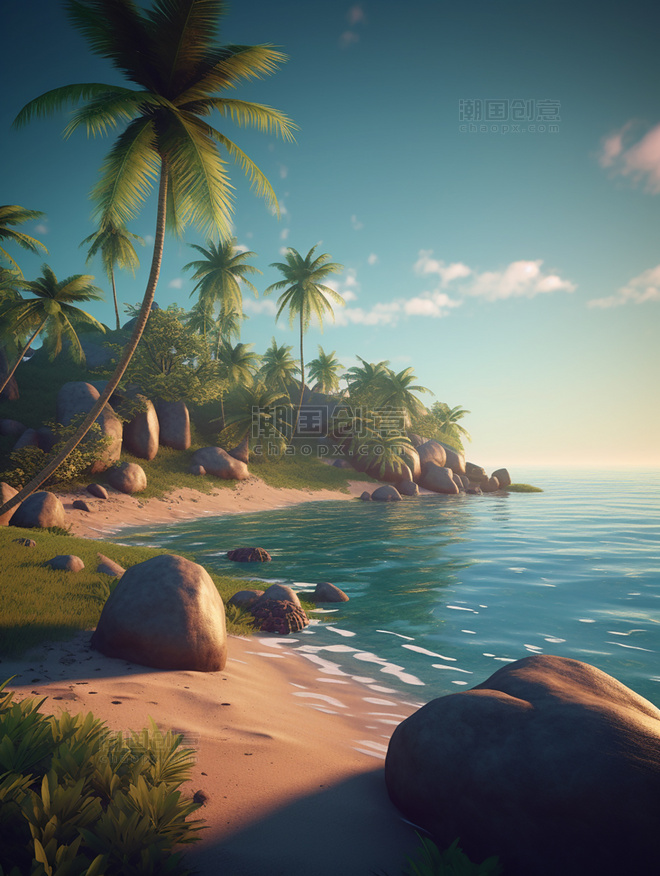 椰树海滩背景大海和船干净明亮的背景3D效果超级细节