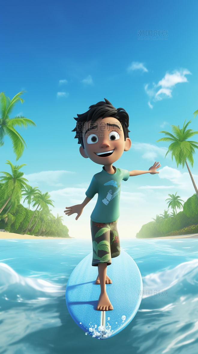水上项目蓝天冲浪3D海报阳光明媚的夏天男孩冲浪海水海滩椰子树C4D