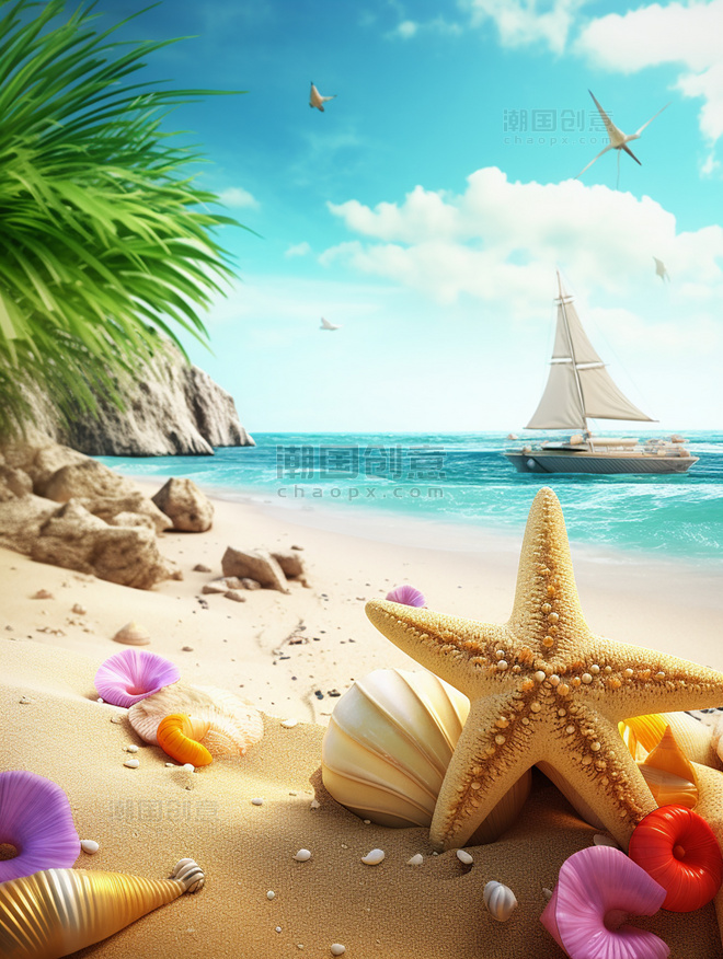 3D效果海滩背景椰树贝壳海星大海和船干净明亮的背景超级细节