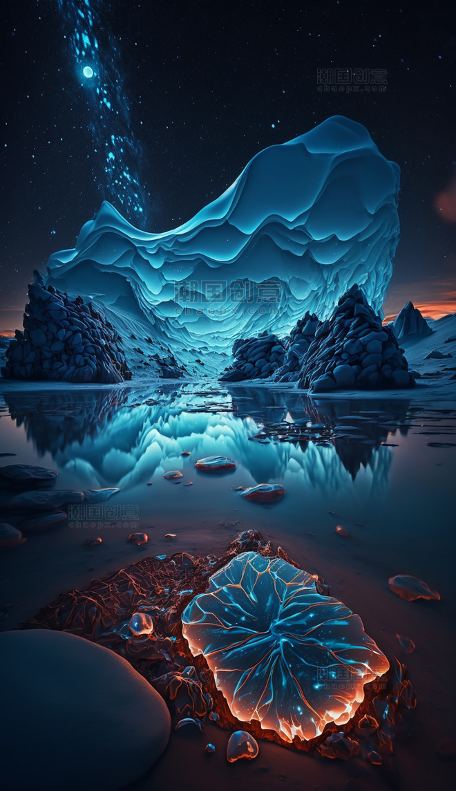 蓝色北极极光夜景图数字艺术AI绘画