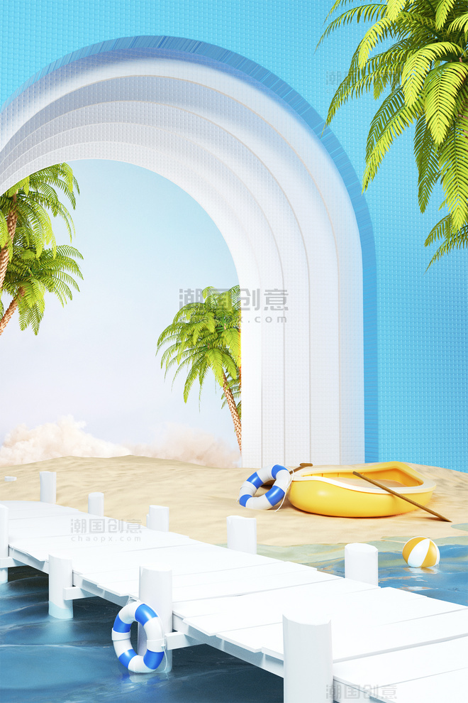 夏季夏日3D立体海滩海岸场景背景