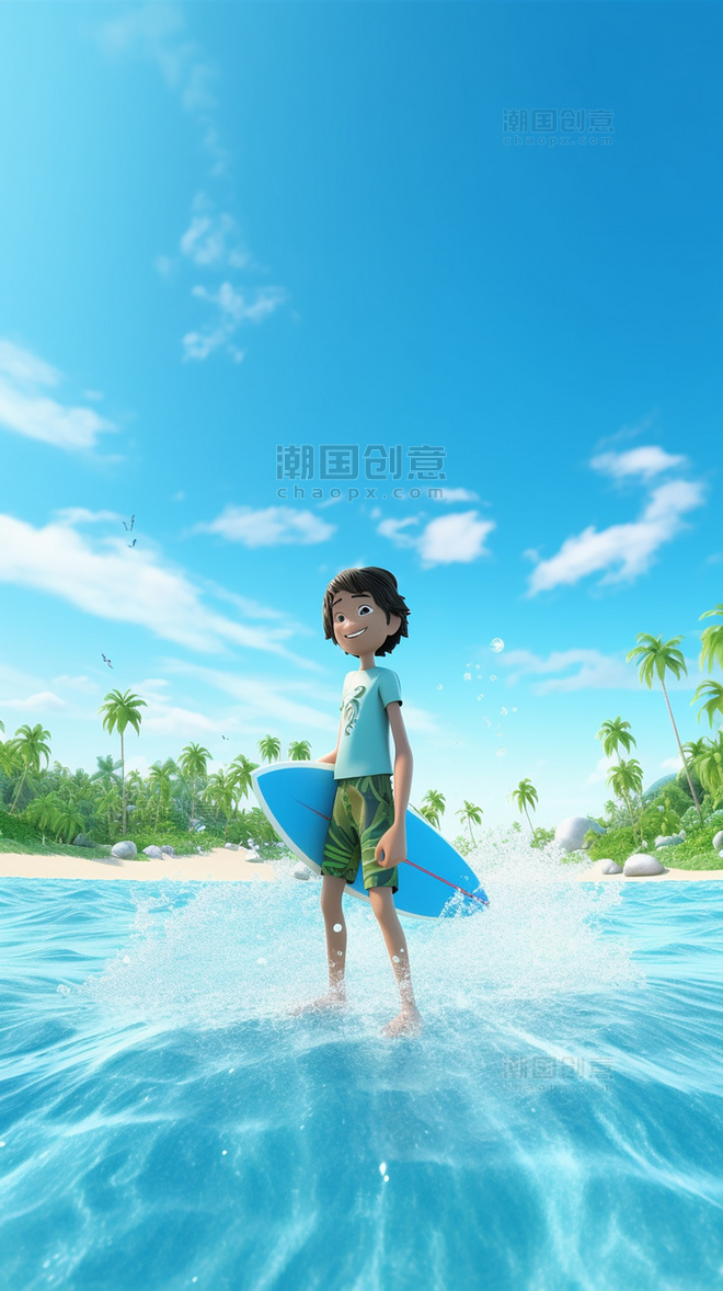 3D海报C4D阳光明媚的夏天男孩冲浪海水蓝天海滩椰子树