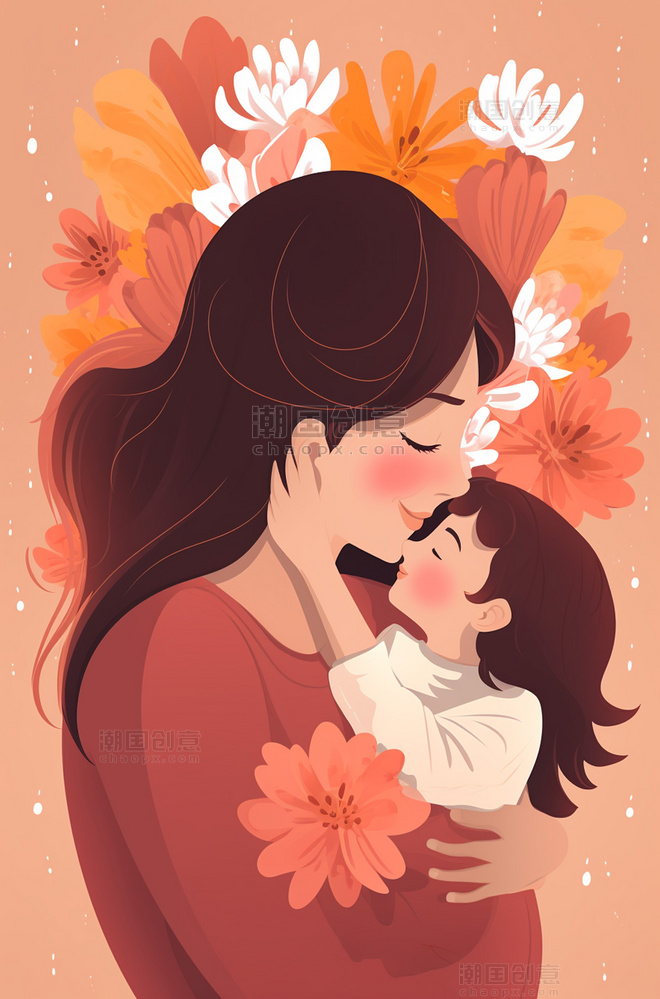 母亲节AI插画海报风格人物母亲母子扁平