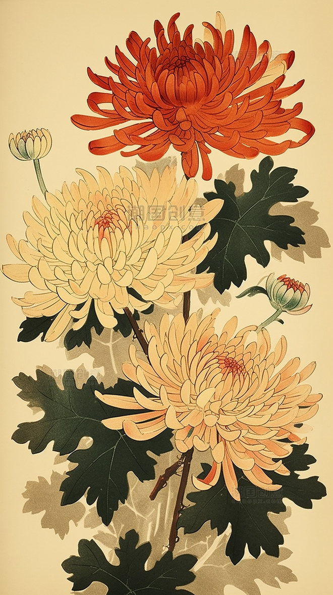一簇菊花国风插画中国水墨画传统绘画风格中国风中国水墨风格超细节