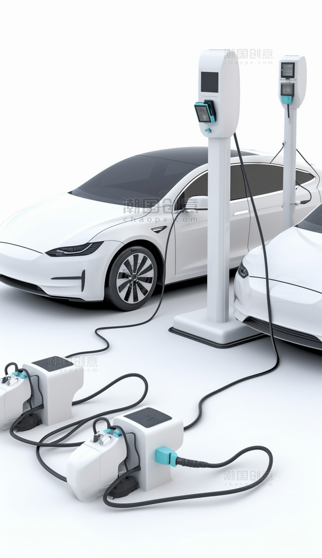 新能源汽车在充电桩充电纯白背景