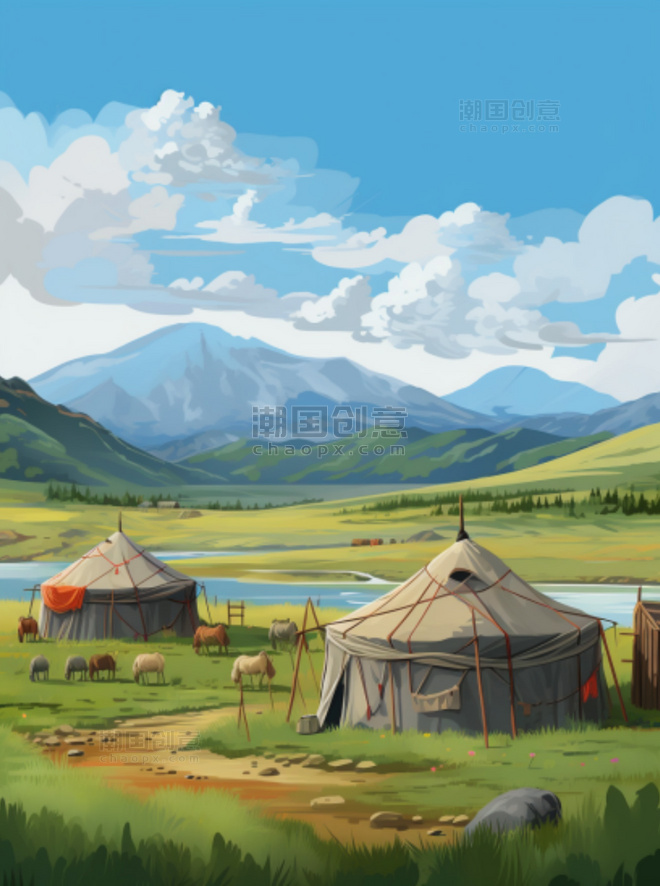 蒙古草原国风旅游插画