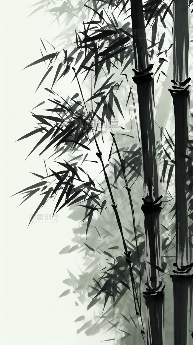 超细节中国水墨画竹子国风插画传统绘画风格中国水墨风格