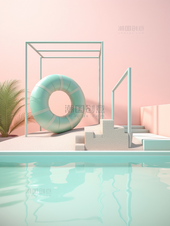 夏日泳池3D电商展台AI绘画