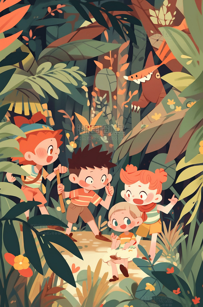 孩子们开心的在丛林探险卡通可爱插画