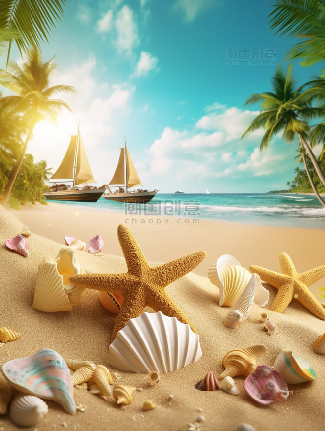 海滩背景椰树贝壳海星大海和船干净明亮的背景3D效果超级细节