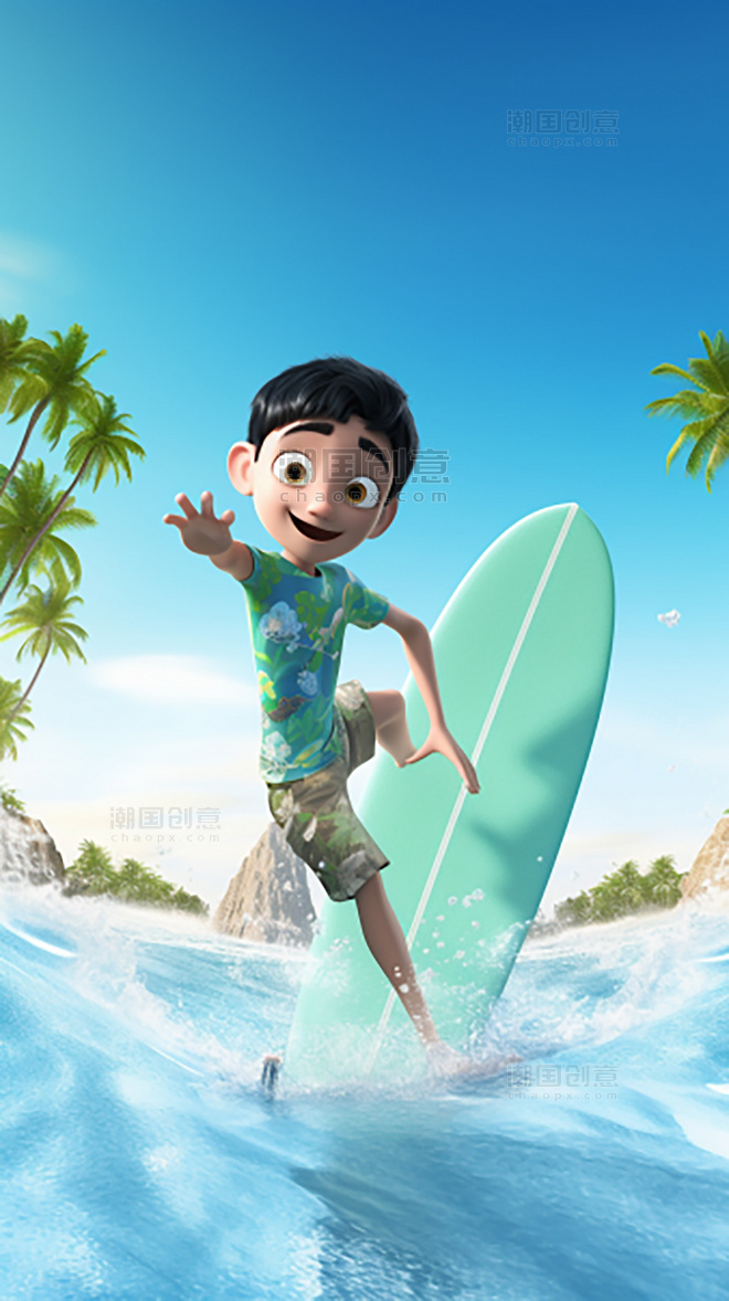 3D海报椰子树C4D阳光明媚的夏天男孩冲浪海水蓝天海滩