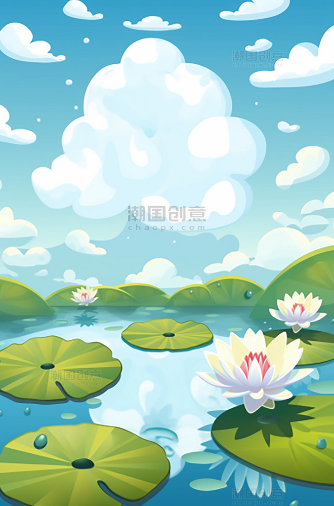 夏天白云的池塘荷花荷叶插画