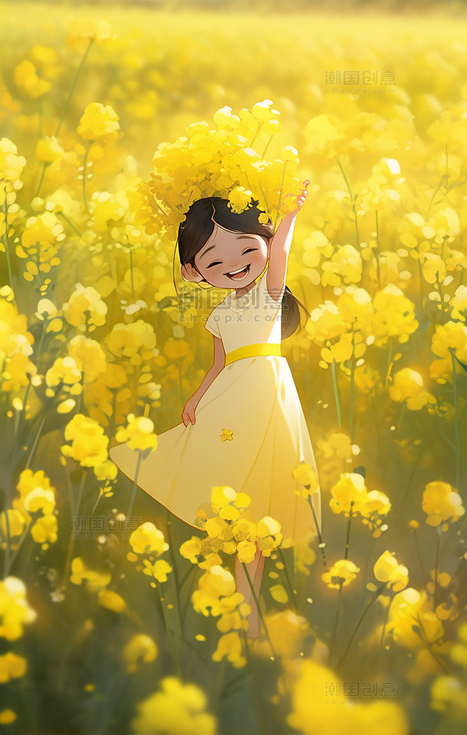 春天立春节气夏季一个超级快乐可爱中国古代小女孩油菜花平面插图风格
