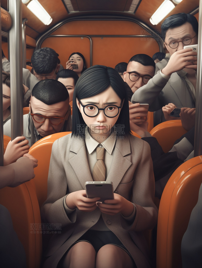3d渲染上班族超酷的中国女孩戴着眼镜在地铁车厢里人群看手机