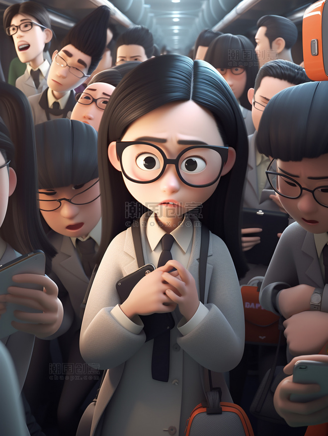 上班族超酷的中国女孩戴着眼镜在地铁车厢里人群看手机3d渲染