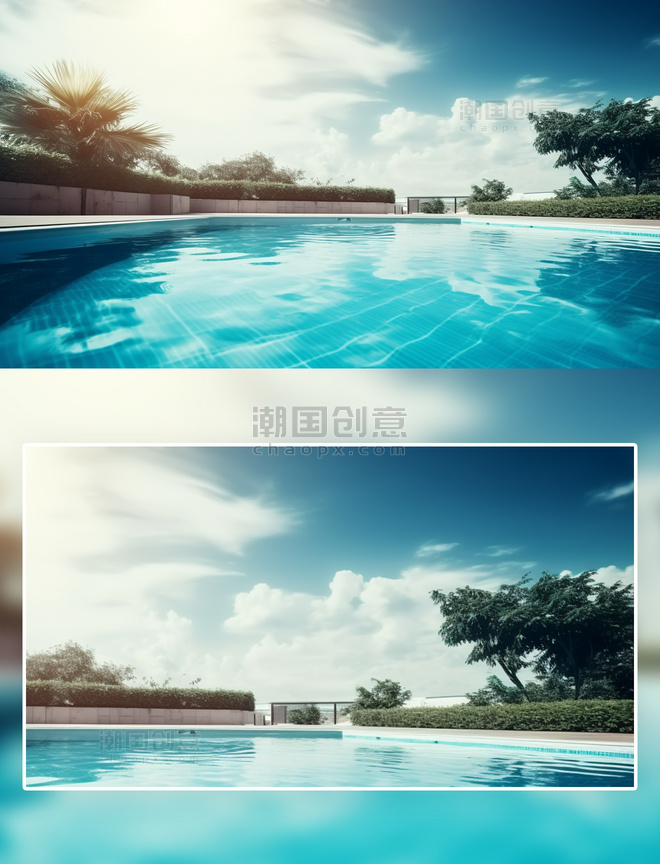 夏日蓝天白云露天泳池绿植摄影