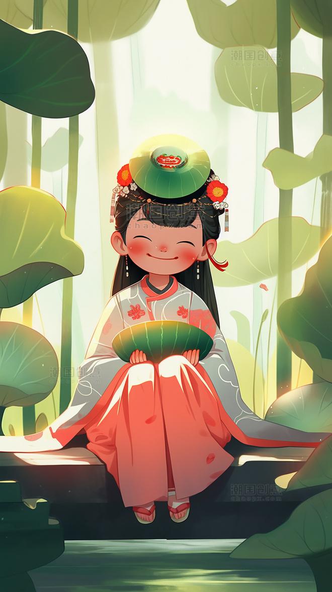 荷花荷叶立夏节气夏季中国古代小女孩平面插图