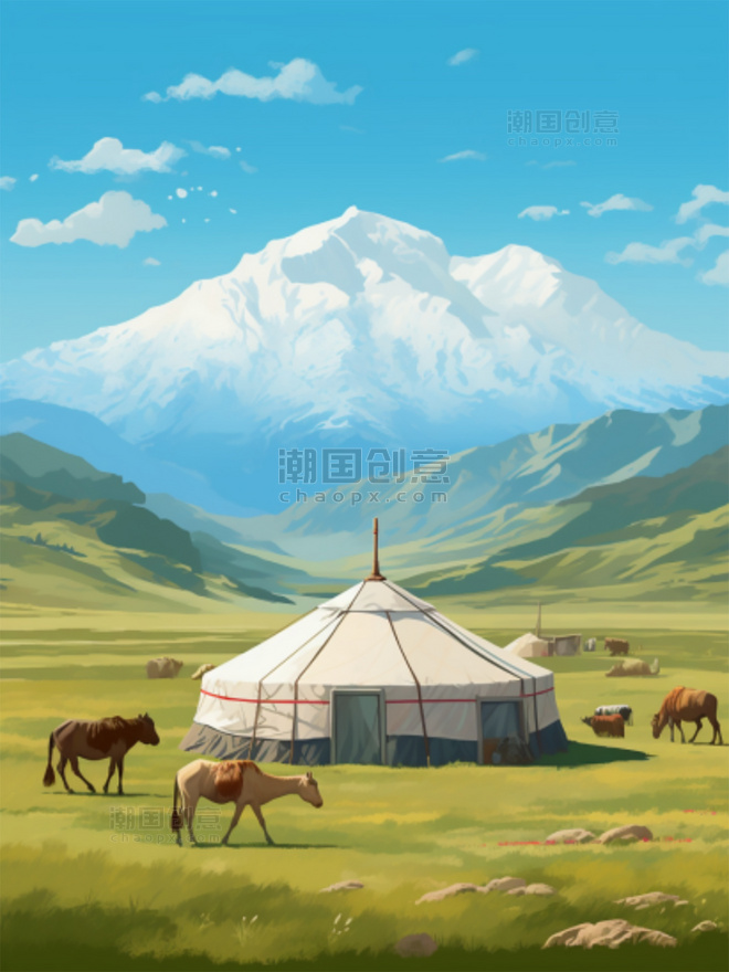 蒙古草原国风数字插画