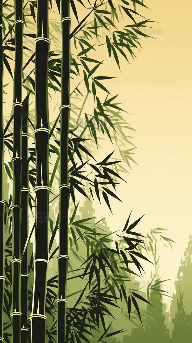 中国风中国水墨风格超细节国风插画竹子竹叶中国水墨画传统绘画