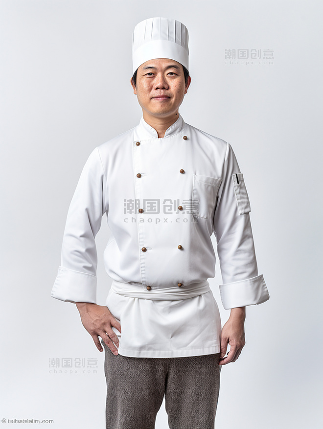 专业厨师一张厨师长的照片亚洲面孔男性半身照戴着厨师帽人像摄影
