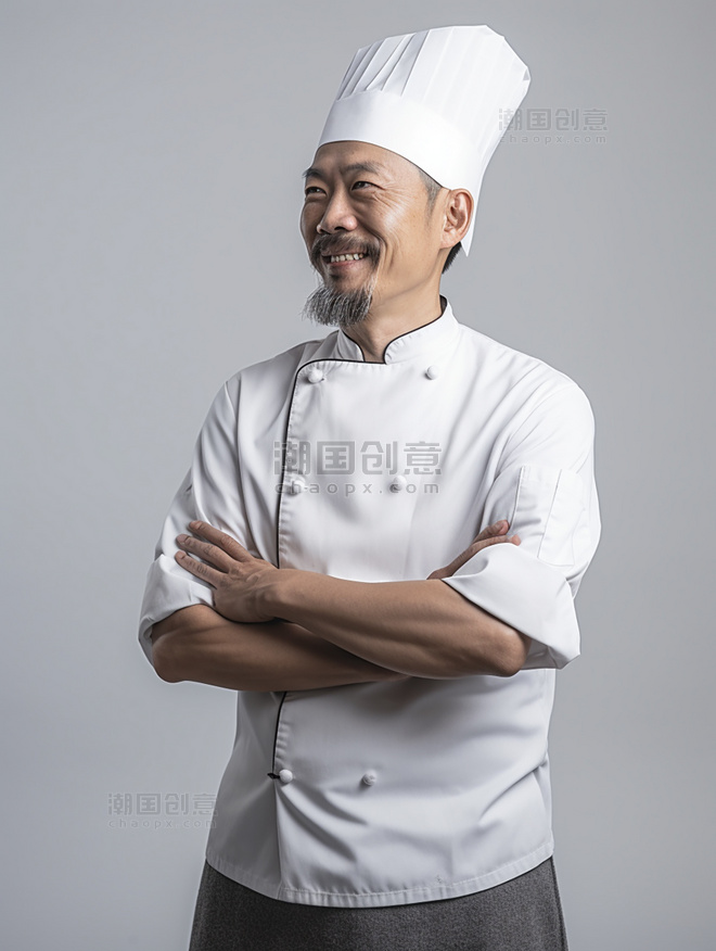 专业厨师一张厨师长的照片亚洲面孔男性全身照戴着厨师帽人像摄影