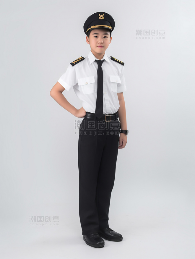 小男孩小小飞行员一张飞行员照片亚洲面孔男生全身照穿着专业服装很酷人像摄影风格