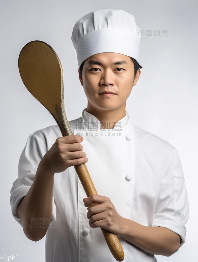 专业厨师拿着铲子一张厨师长的照片亚洲面孔男性半身照戴着厨师帽人像摄影