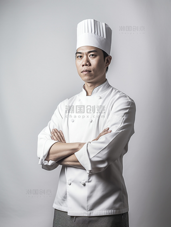 专业厨师亚洲面孔男性半身照戴着厨师帽人像摄影