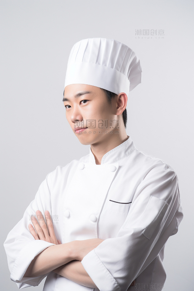 厨师身穿白色服装戴白色帽子人像摄影