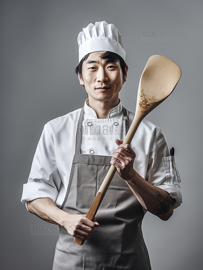 人像摄影专业厨师拿着铲子一张厨师长的照片亚洲面孔男性半身照戴着厨师帽