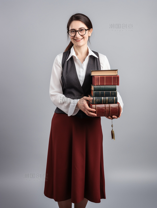 一张大学生照片戴着眼镜拿着书本在教室全身照人像摄影风格